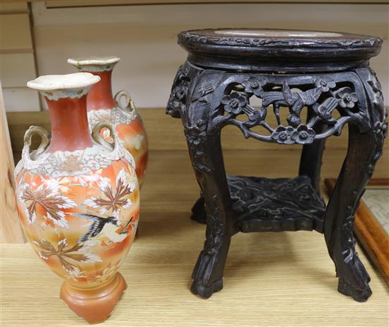 A carved Chinese marble and wood pot stand and a pair of Oriental vases pot height 35cm